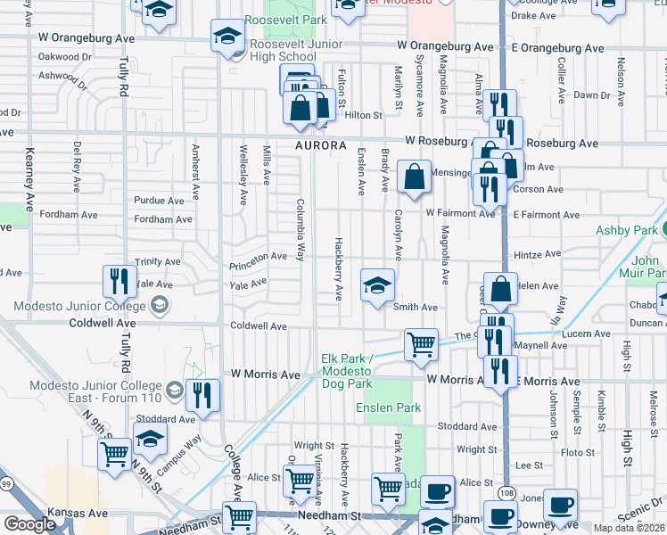 map of restaurants, bars, coffee shops, grocery stores, and more near 701 Griswold Ave in Modesto
