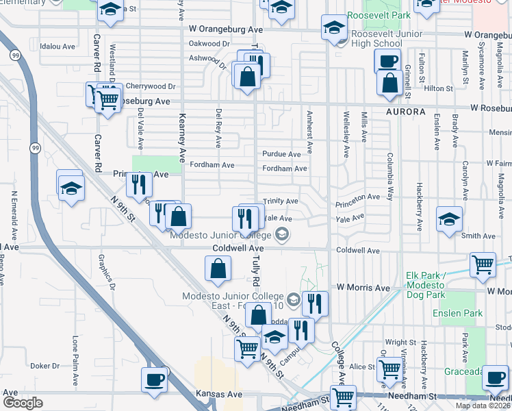 map of restaurants, bars, coffee shops, grocery stores, and more near 1302 Princeton Avenue in Modesto