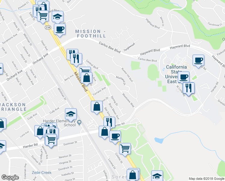 map of restaurants, bars, coffee shops, grocery stores, and more near 25648 Spring Drive in Hayward