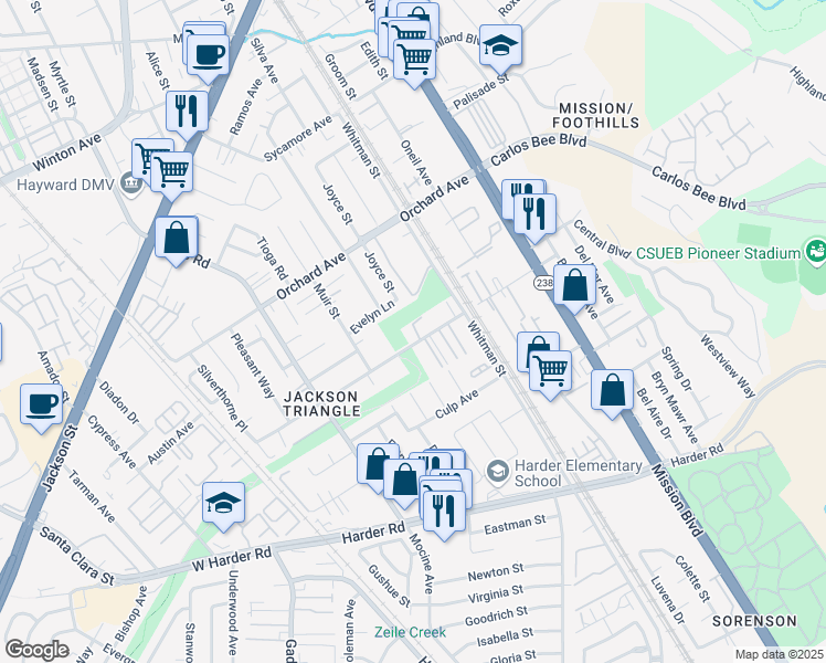 map of restaurants, bars, coffee shops, grocery stores, and more near 550 Berry Avenue in Hayward