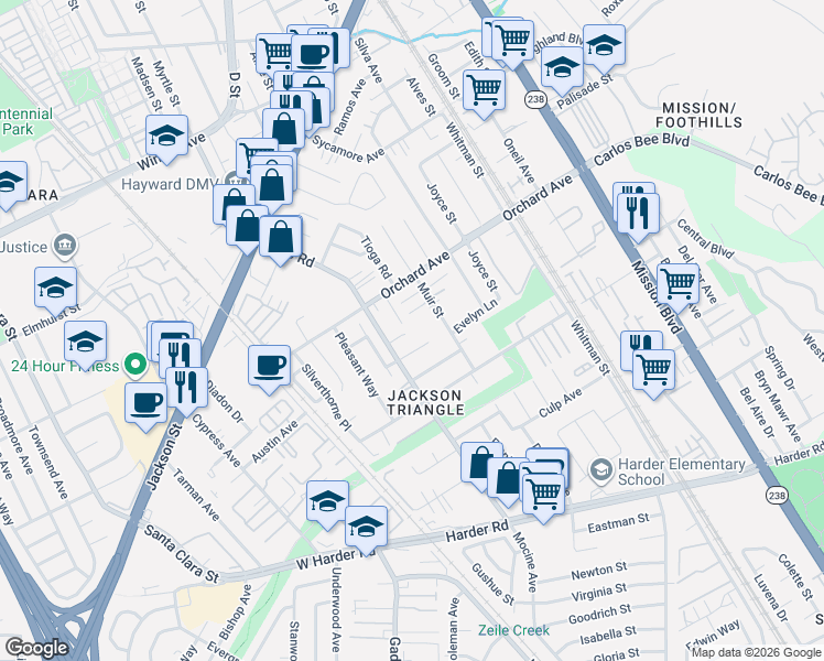 map of restaurants, bars, coffee shops, grocery stores, and more near 24983 Muir Street in Hayward