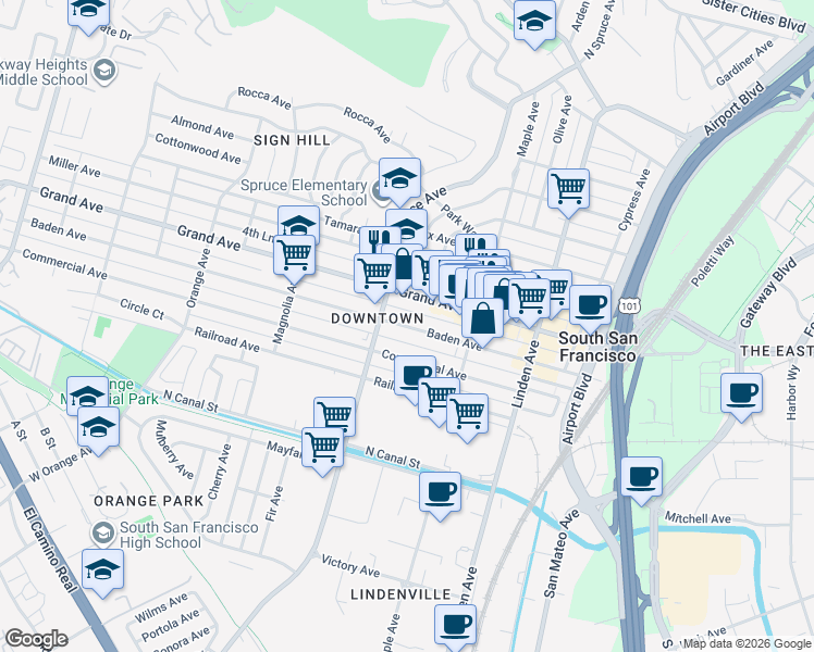 map of restaurants, bars, coffee shops, grocery stores, and more near 455 Grand Avenue in South San Francisco
