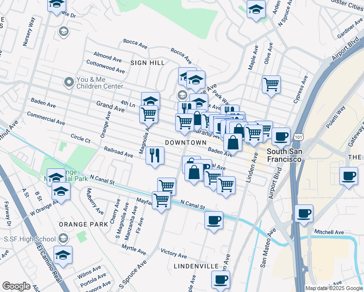 map of restaurants, bars, coffee shops, grocery stores, and more near in South San Francisco