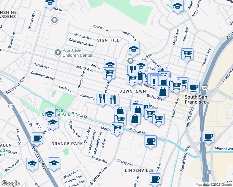 map of restaurants, bars, coffee shops, grocery stores, and more near 540 Baden Avenue in South San Francisco