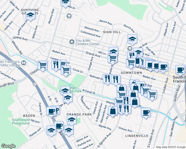 map of restaurants, bars, coffee shops, grocery stores, and more near 654 Commercial Avenue in South San Francisco