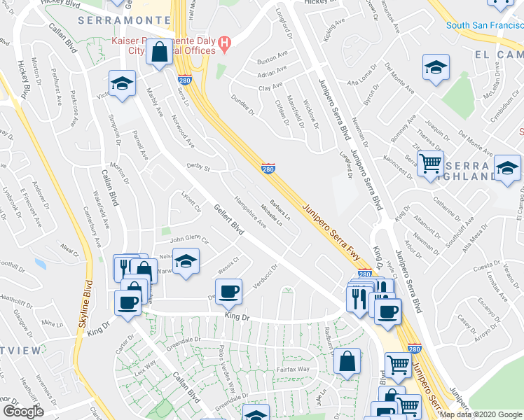 map of restaurants, bars, coffee shops, grocery stores, and more near 353 Barbara Lane in Daly City