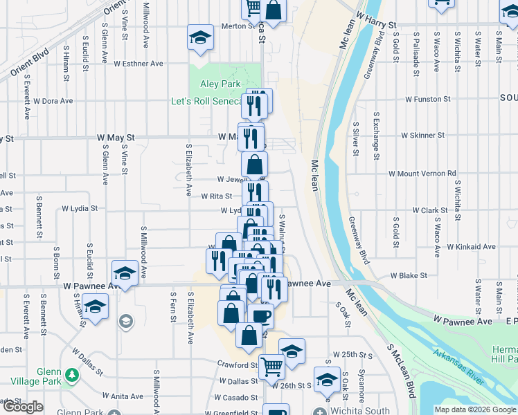 map of restaurants, bars, coffee shops, grocery stores, and more near 2117 South Seneca Street in Wichita