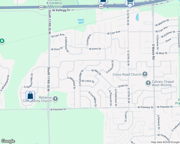 map of restaurants, bars, coffee shops, grocery stores, and more near 2034 South Parkridge Street in Wichita