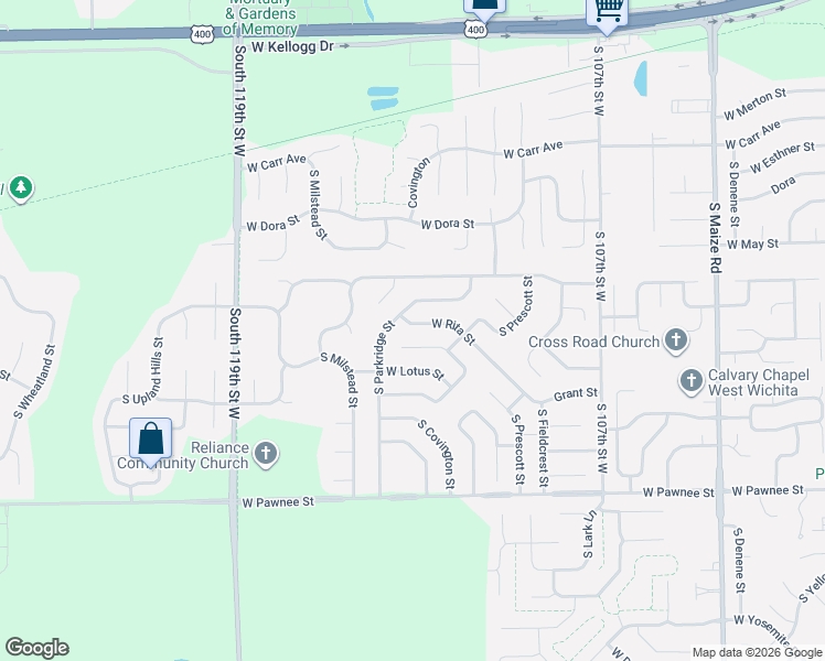 map of restaurants, bars, coffee shops, grocery stores, and more near 2049 South Parkridge Street in Wichita