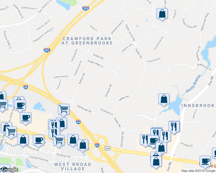 map of restaurants, bars, coffee shops, grocery stores, and more near 4350 Glasgow Road in Glen Allen