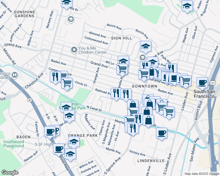 map of restaurants, bars, coffee shops, grocery stores, and more near 623 Commercial Avenue in South San Francisco