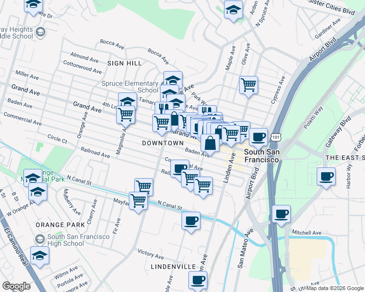 map of restaurants, bars, coffee shops, grocery stores, and more near 455 Grand Avenue in South San Francisco