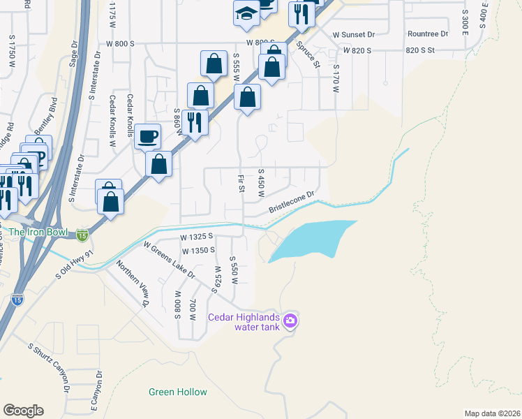 map of restaurants, bars, coffee shops, grocery stores, and more near 446 Bristlecone Drive in Cedar City