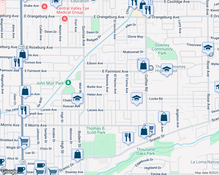 map of restaurants, bars, coffee shops, grocery stores, and more near 820 Ramona Avenue in Modesto