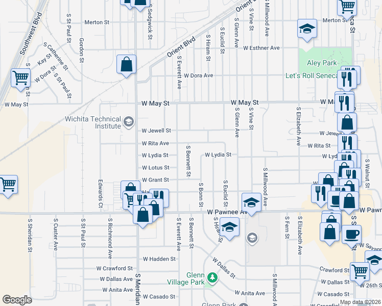 map of restaurants, bars, coffee shops, grocery stores, and more near 2039 West Rita Street in Wichita