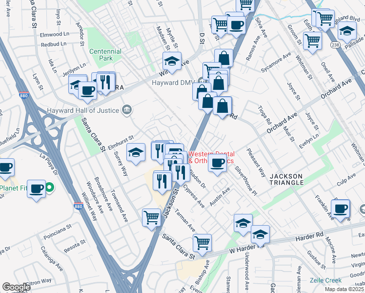 map of restaurants, bars, coffee shops, grocery stores, and more near 73 Fernridge Court in Hayward