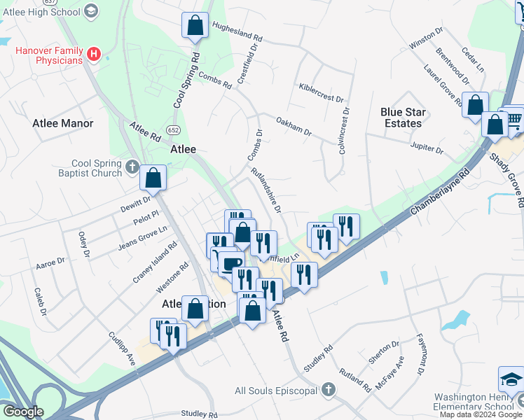 map of restaurants, bars, coffee shops, grocery stores, and more near 8057 Belton Circle in Mechanicsville