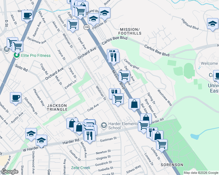 map of restaurants, bars, coffee shops, grocery stores, and more near 25243 Villager Lane in Hayward