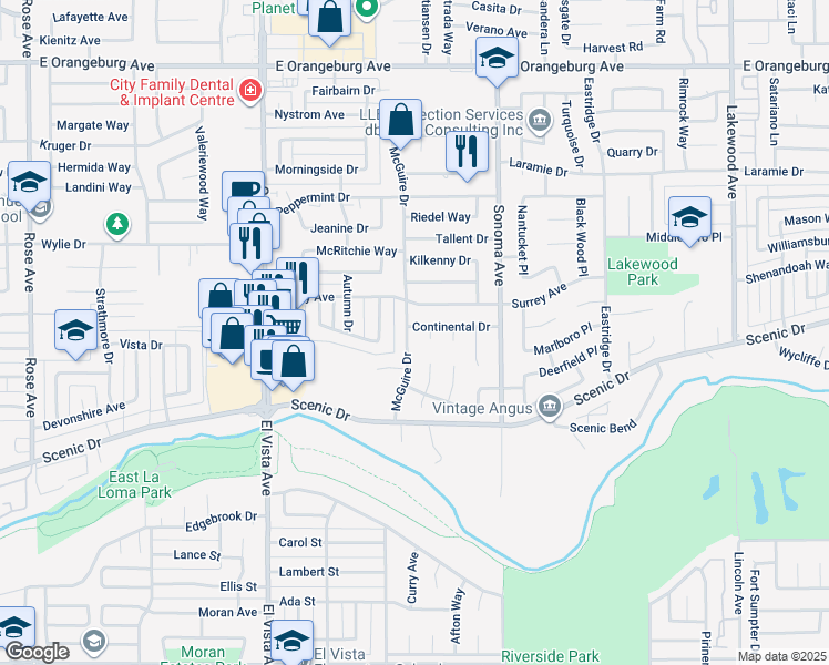 map of restaurants, bars, coffee shops, grocery stores, and more near 2412 Continental Drive in Modesto