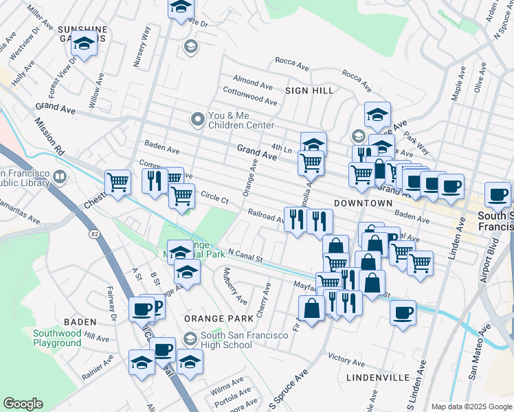 map of restaurants, bars, coffee shops, grocery stores, and more near 654 Commercial Avenue in South San Francisco