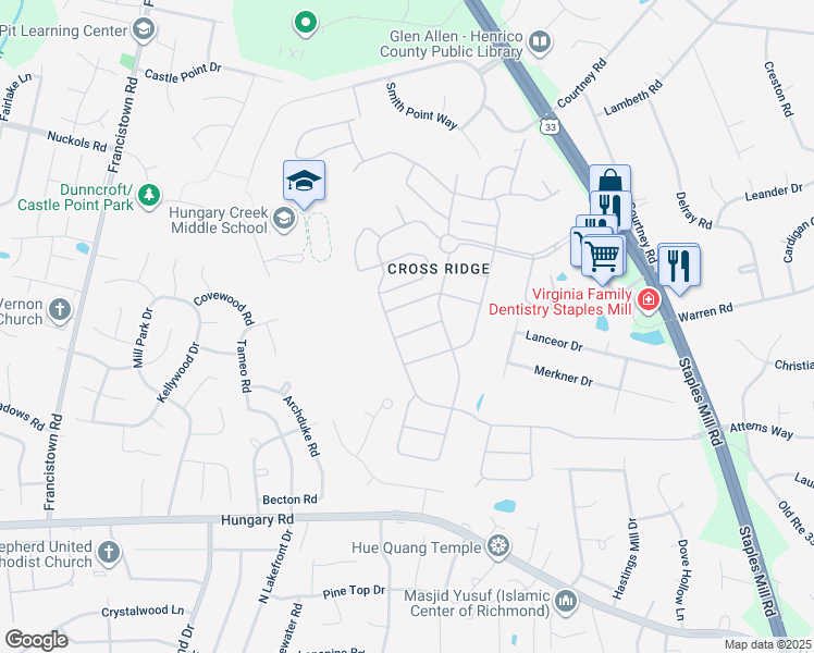 map of restaurants, bars, coffee shops, grocery stores, and more near 3518 Whelford Way in Glen Allen