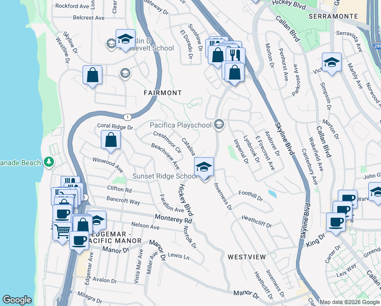 map of restaurants, bars, coffee shops, grocery stores, and more near 245 Catalina Avenue in Pacifica