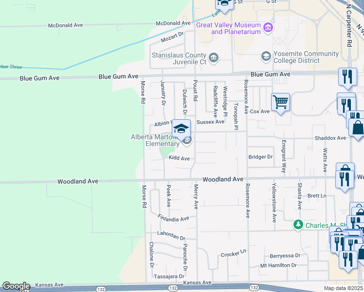 map of restaurants, bars, coffee shops, grocery stores, and more near 1413 Poust Road in Modesto
