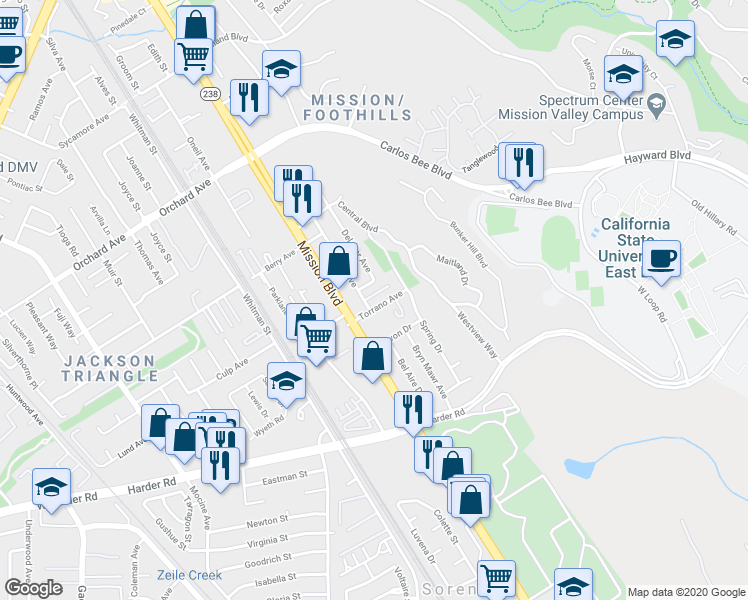 map of restaurants, bars, coffee shops, grocery stores, and more near 25546 Del Mar Avenue in Hayward