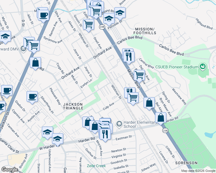 map of restaurants, bars, coffee shops, grocery stores, and more near 600 - 619 Berry Avenue in Hayward