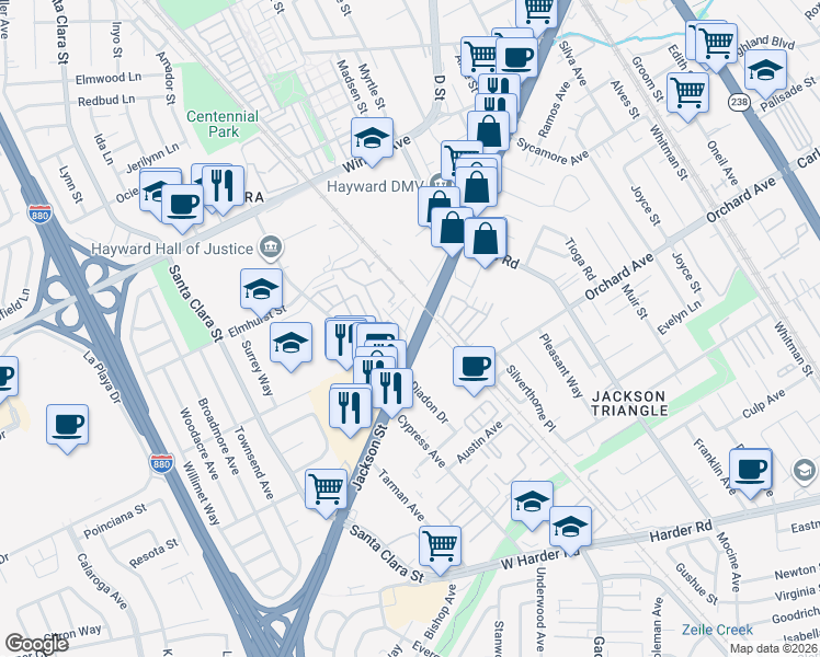 map of restaurants, bars, coffee shops, grocery stores, and more near 213 Spring Harvest Road in Hayward