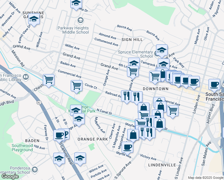 map of restaurants, bars, coffee shops, grocery stores, and more near 654 Commercial Avenue in South San Francisco