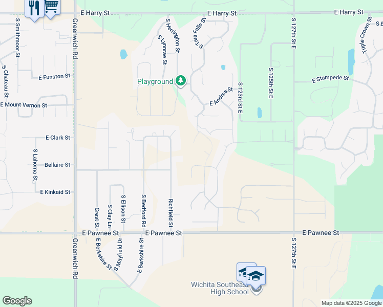 map of restaurants, bars, coffee shops, grocery stores, and more near 2158 S Richfield St in Wichita