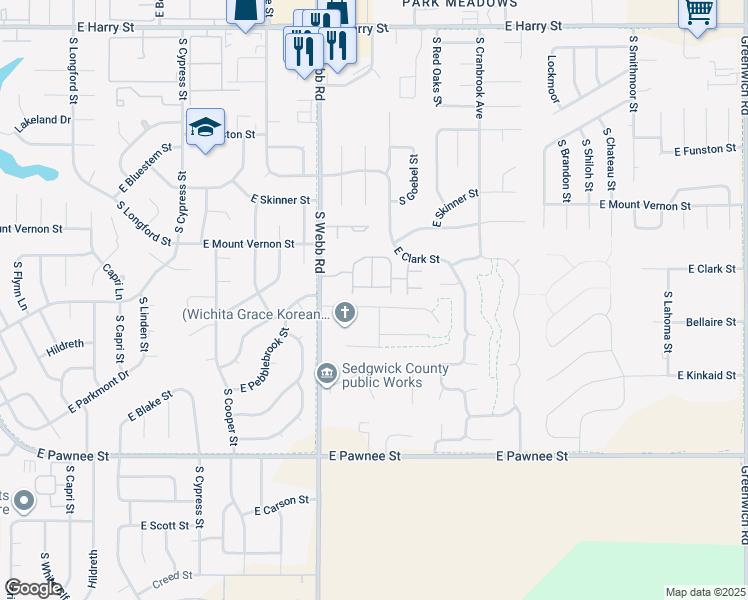 map of restaurants, bars, coffee shops, grocery stores, and more near 2020 South Webb Road in Wichita