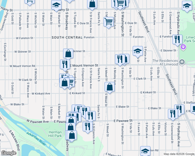 map of restaurants, bars, coffee shops, grocery stores, and more near 2029 South Santa Fe Street in Wichita