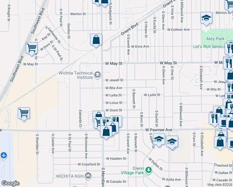 map of restaurants, bars, coffee shops, grocery stores, and more near 2327 West Rita Avenue in Wichita