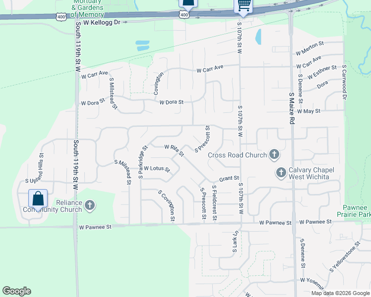 map of restaurants, bars, coffee shops, grocery stores, and more near 11206 West Lotus Street in Wichita