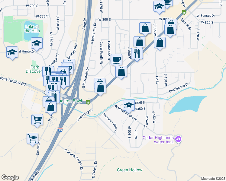 map of restaurants, bars, coffee shops, grocery stores, and more near 4 South Main Street in Cedar City