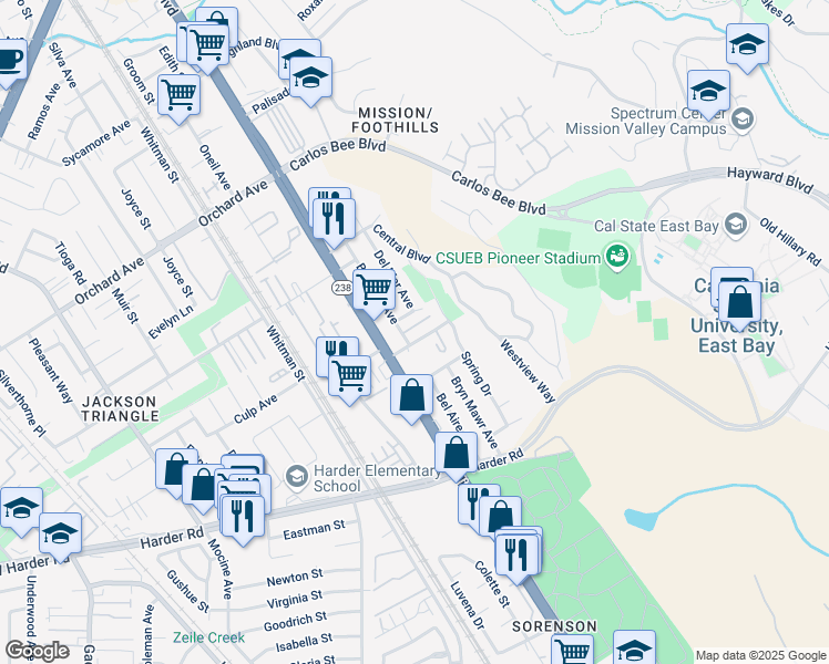 map of restaurants, bars, coffee shops, grocery stores, and more near 960 Torrano Avenue in Hayward