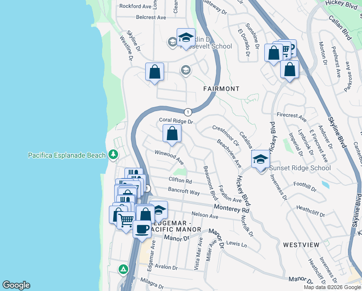 map of restaurants, bars, coffee shops, grocery stores, and more near 331 Beaumont Boulevard in Pacifica