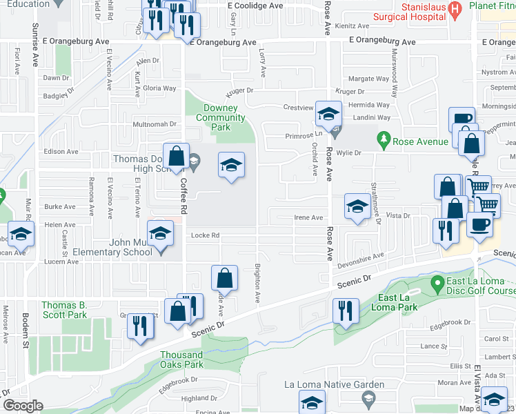 map of restaurants, bars, coffee shops, grocery stores, and more near 858 Brighton Avenue in Modesto
