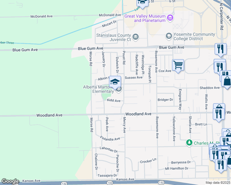 map of restaurants, bars, coffee shops, grocery stores, and more near 1413 Poust Road in Modesto