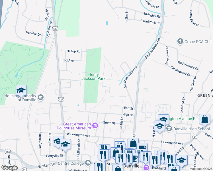 map of restaurants, bars, coffee shops, grocery stores, and more near 363 Mark Avenue in Danville