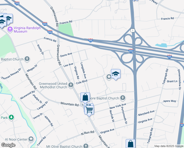 map of restaurants, bars, coffee shops, grocery stores, and more near 1414 Cole Boulevard in Glen Allen