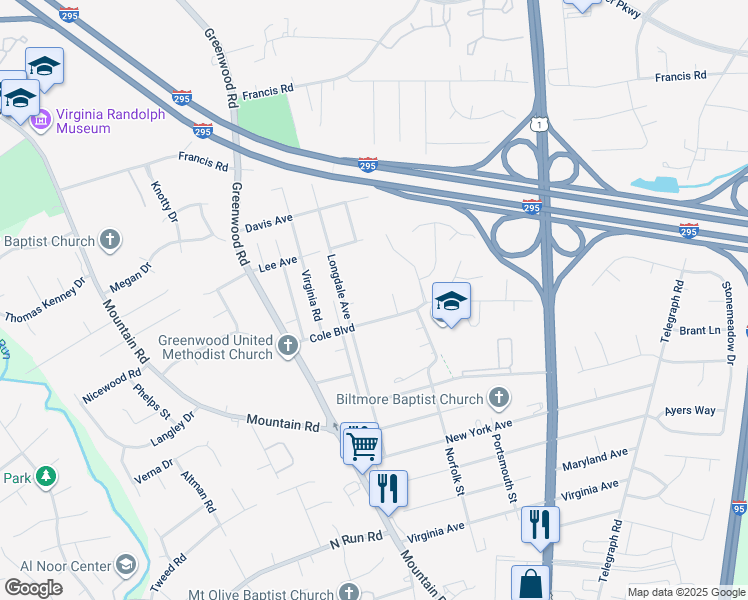 map of restaurants, bars, coffee shops, grocery stores, and more near 1414 Cole Boulevard in Glen Allen