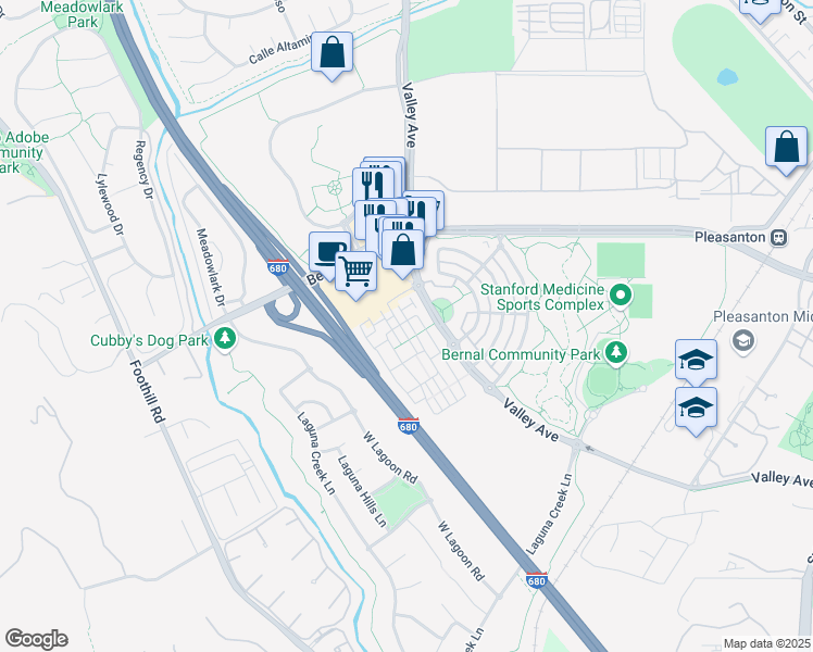 map of restaurants, bars, coffee shops, grocery stores, and more near 1578 Lexington Lane in Pleasanton
