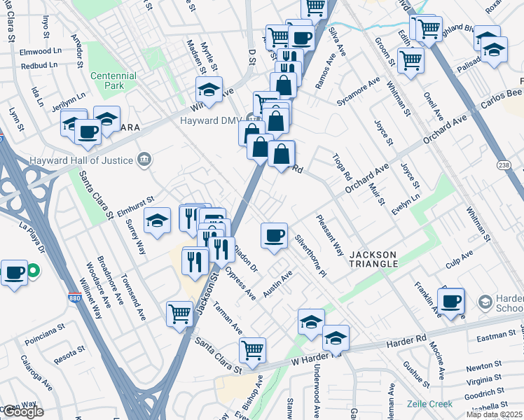 map of restaurants, bars, coffee shops, grocery stores, and more near 75 Middleton Place in Hayward