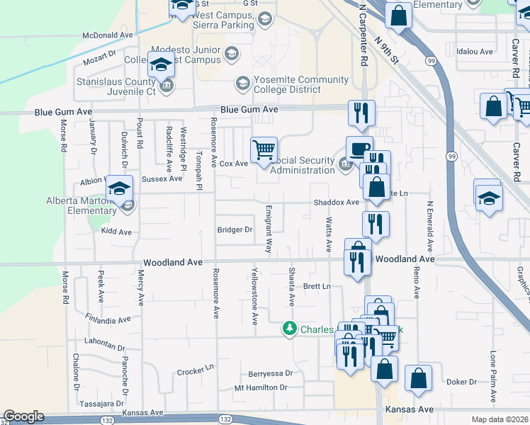 map of restaurants, bars, coffee shops, grocery stores, and more near 1433 Seneca Court in Modesto