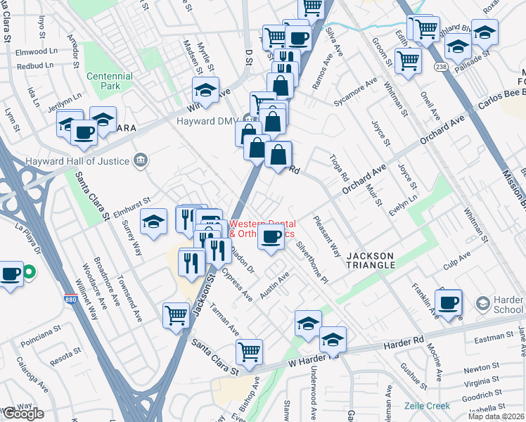 map of restaurants, bars, coffee shops, grocery stores, and more near 56 Regency Place in Hayward
