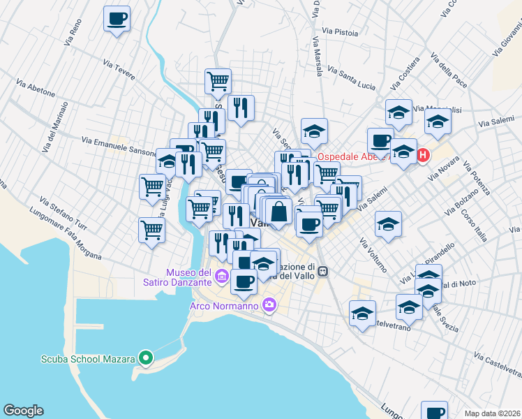 map of restaurants, bars, coffee shops, grocery stores, and more near 6 Via Roma in Mazara del Vallo