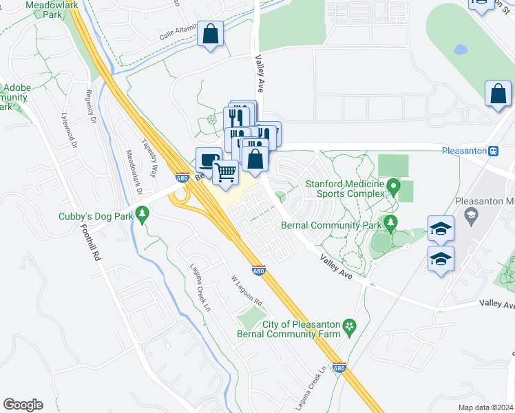 map of restaurants, bars, coffee shops, grocery stores, and more near 1578 Lexington Lane in Pleasanton